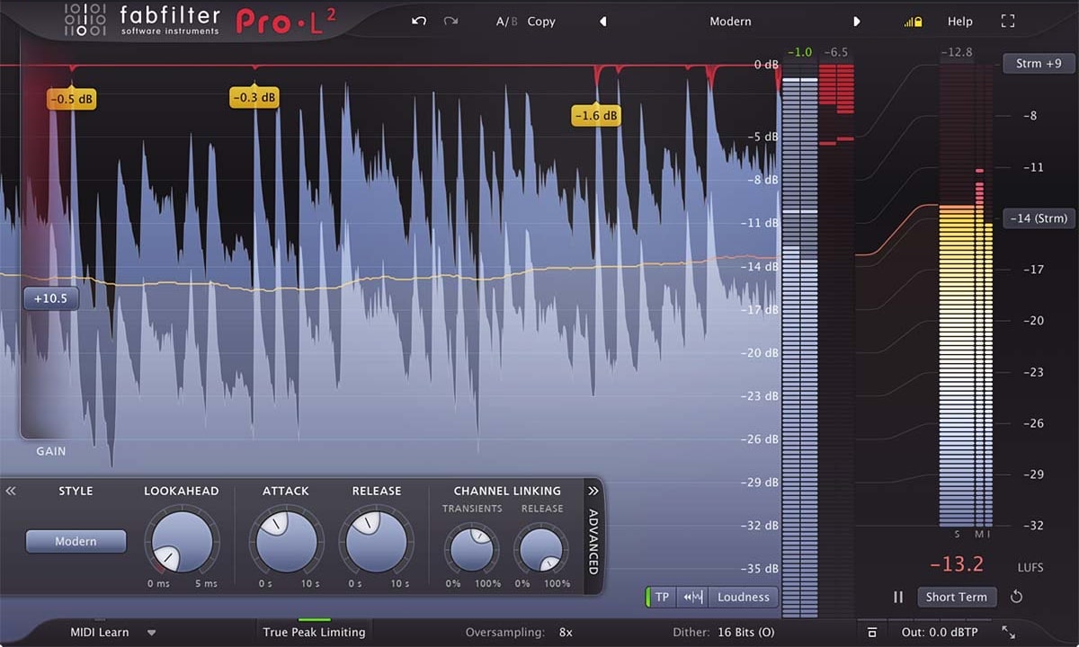 Feature-packed true peak limiter plug-in, with multiple advanced limiting algorithms and extensive level and loudness metering.